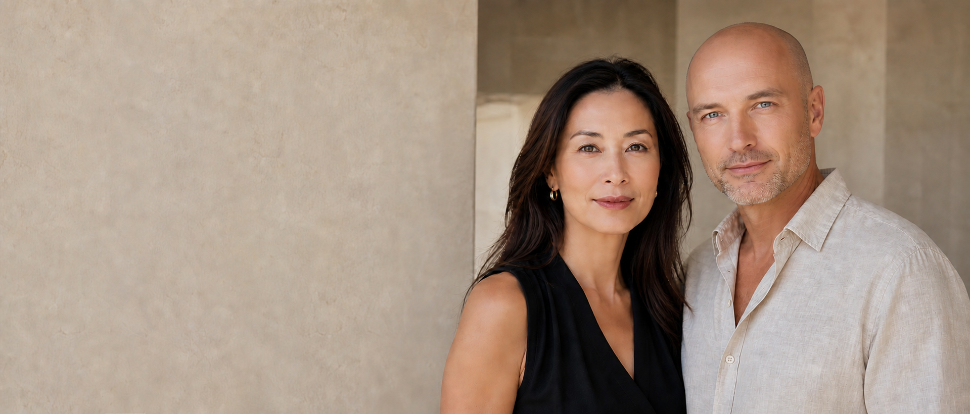 An East Asian woman and a blue-eyed bald Eastern European man in a refined neutral setting